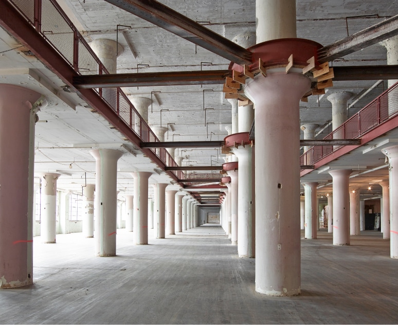 The original columns and beams give Ponce City Market its iconic character